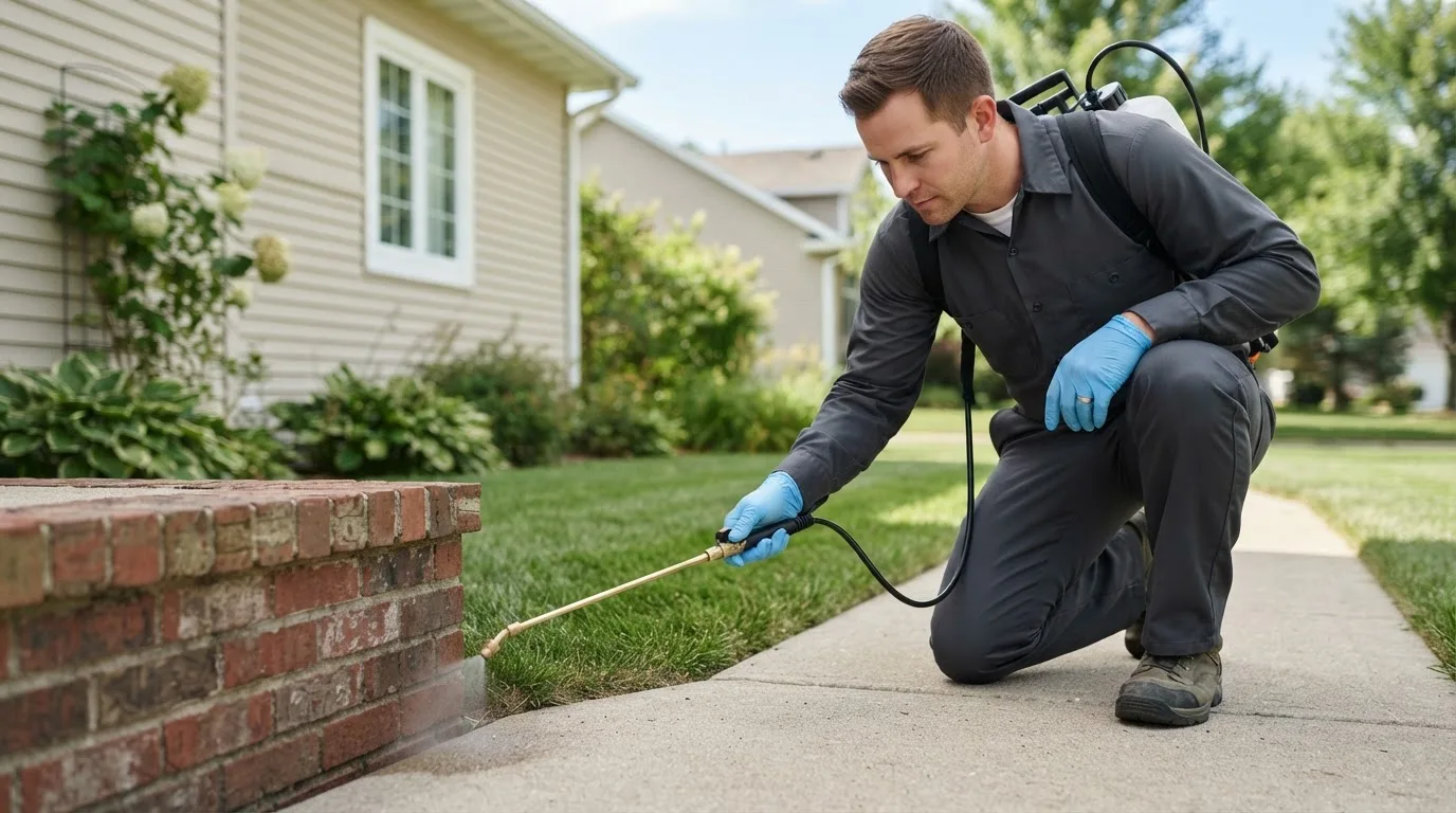 Pest control technician treating a home near Streetman, TX