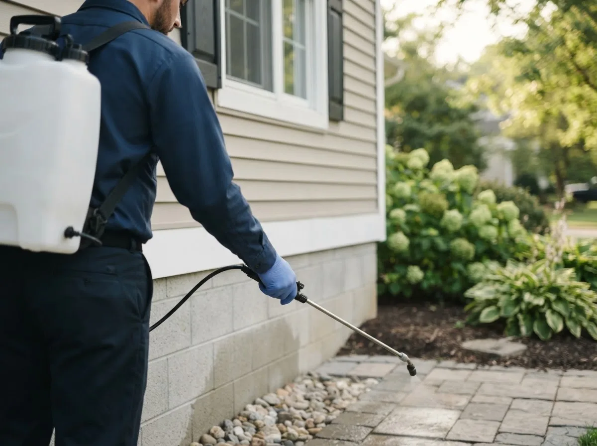 Pest control technician inspecting a home in Streetman, TX
